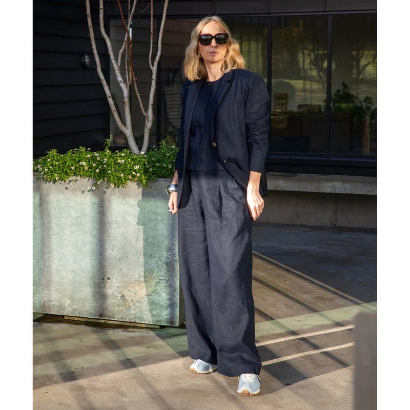 Chalk Clothing Jasmine Trousers Navy on model main lifestyle