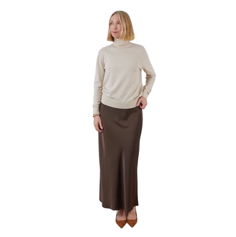 Chalk Clothing Maeve Skirt Chocolate on model with light top front