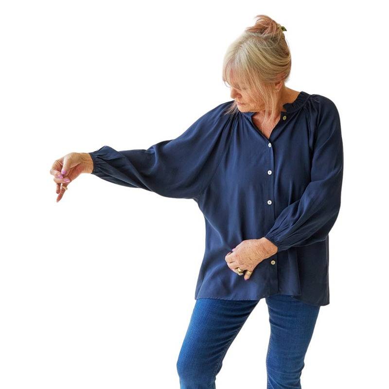 Chalk Clothing Michelle Shirt in Navy on model arm out