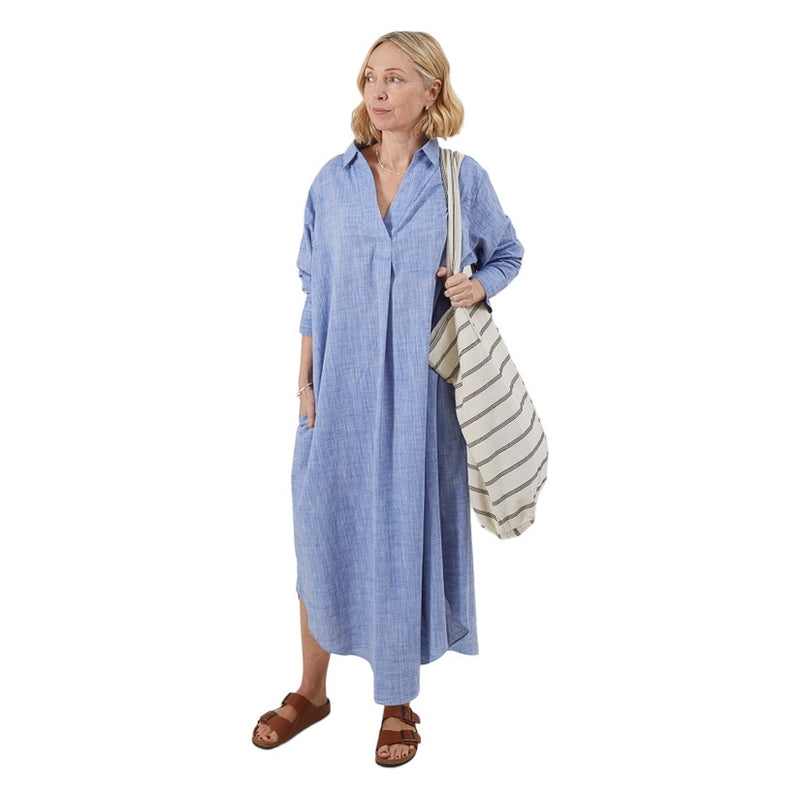 Chalk Clothing Nora Dress in Blue on model with bag