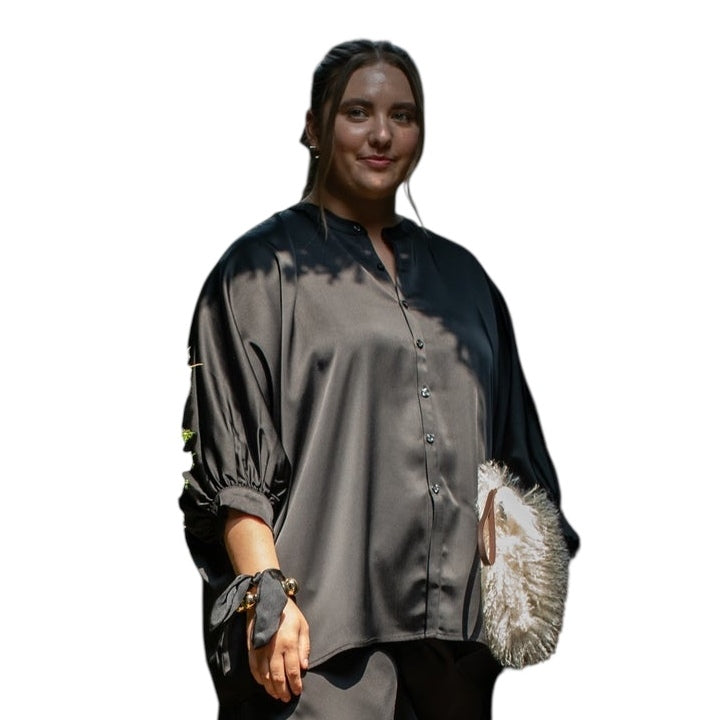 Chalk Clothing Poppy Shirt Black Satin on model front