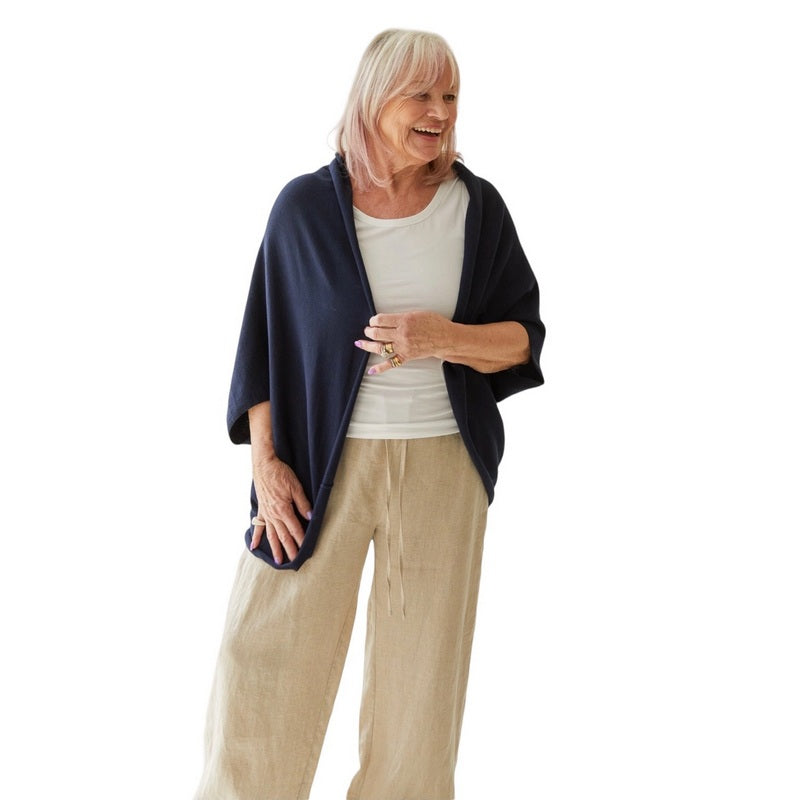 Chalk Clothing Sam Cotton Shawl in Navy on model front