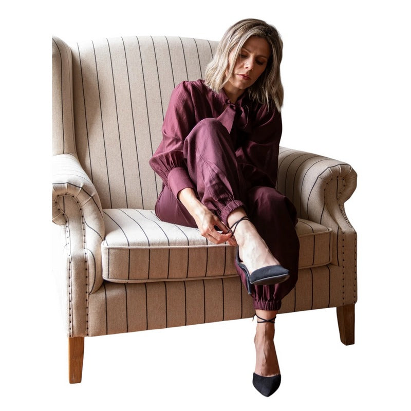 Chalk Clothing Tiffany Trouser Burgundy on model sitting 2