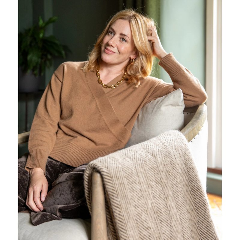Chalk Clothing UK Emily Jumper Camel on model 2 sitting lifestyle