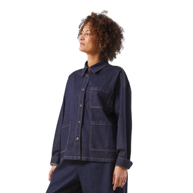 Chalk Clothing UK Frida Jacket in Dark Denim on model front close-up