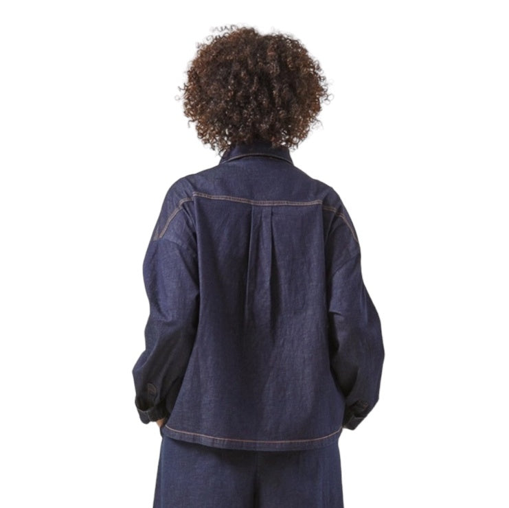 Chalk Clothing UK Frida Jacket in Dark Denim on model rear close-up