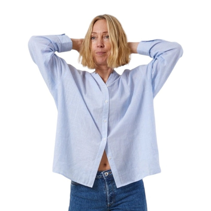 Chalk Clothing UK Heidi Cotton Shirt in Blue Stripe on model front