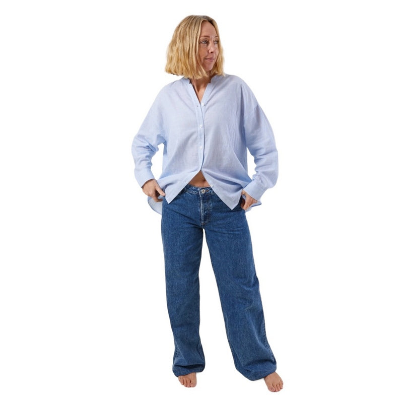 Chalk Clothing UK Heidi Cotton Shirt in Blue Stripe on model full-length