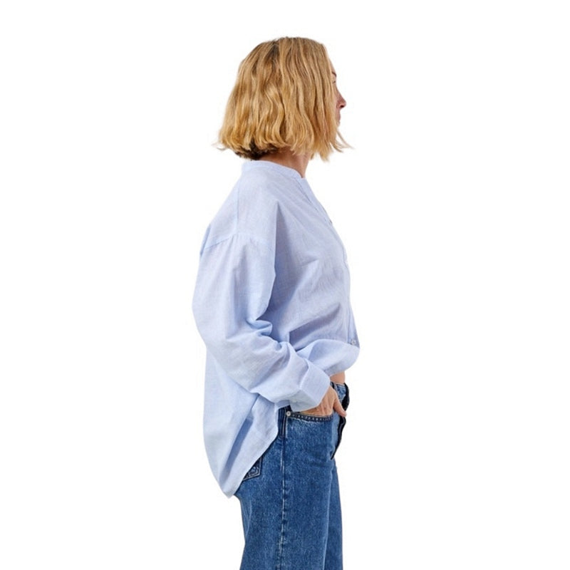 Chalk Clothing UK Heidi Cotton Shirt in Blue Stripe on model side