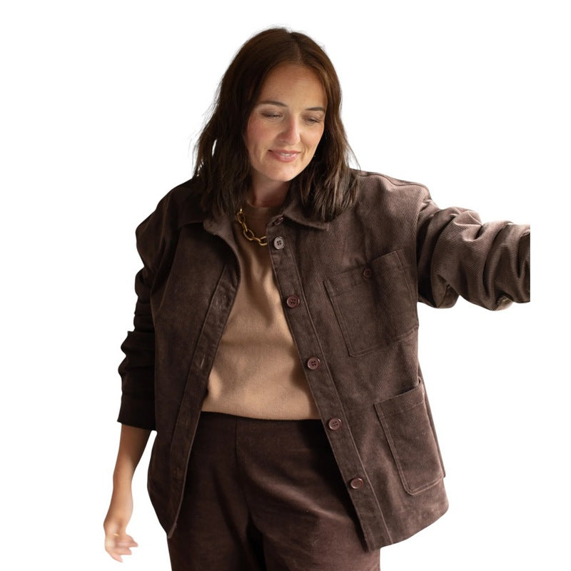 Chalk Clothing UK Lennie Jacket in Warm Chocolate on model front open