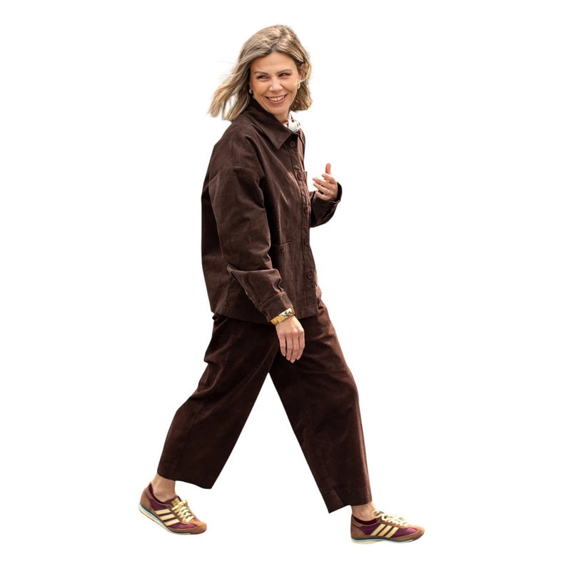 Chalk Clothing UK Lennie Jacket in Warm Chocolate on model walking