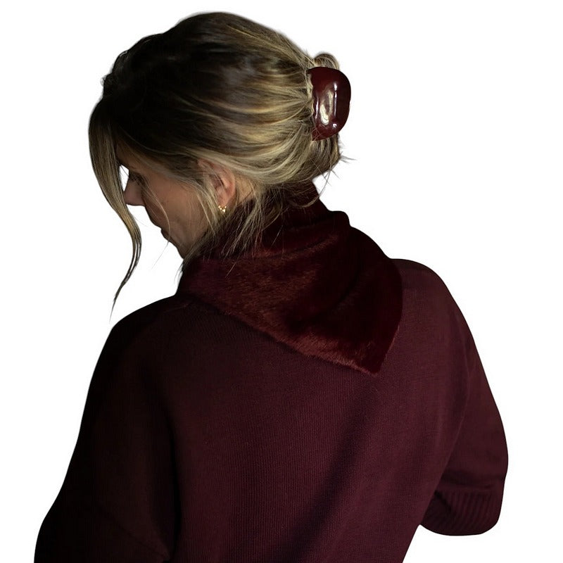 Chalk Clothing UK Nova Faux Fur Triangle Scarf Merlot on model 3