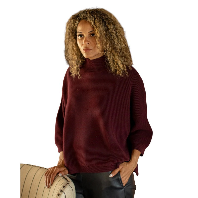 Chalk Clothing UK Vicki Ribbed Cotton Jumper Merlot on model front
