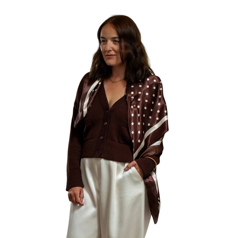 Chalk Clothing UK Wren Scarf Small Spot Brown on model