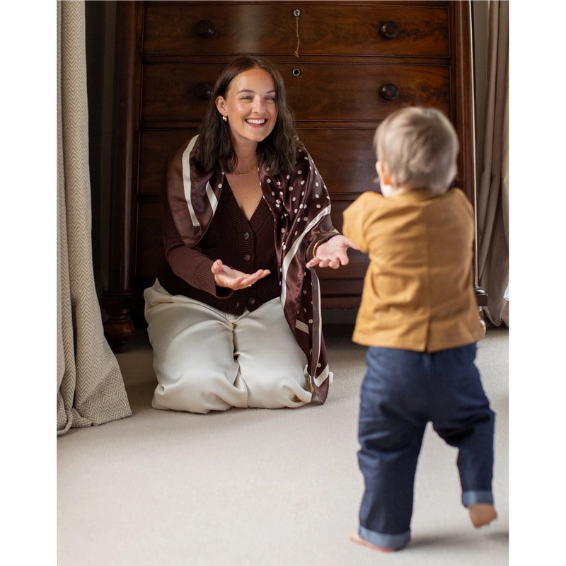 Chalk Clothing UK Wren Scarf Small Spot Brown on model with child