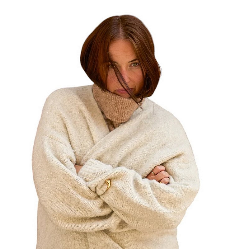 Chalk Clothing Vivian Roll Neck Scarf Marl Sand on model front 3