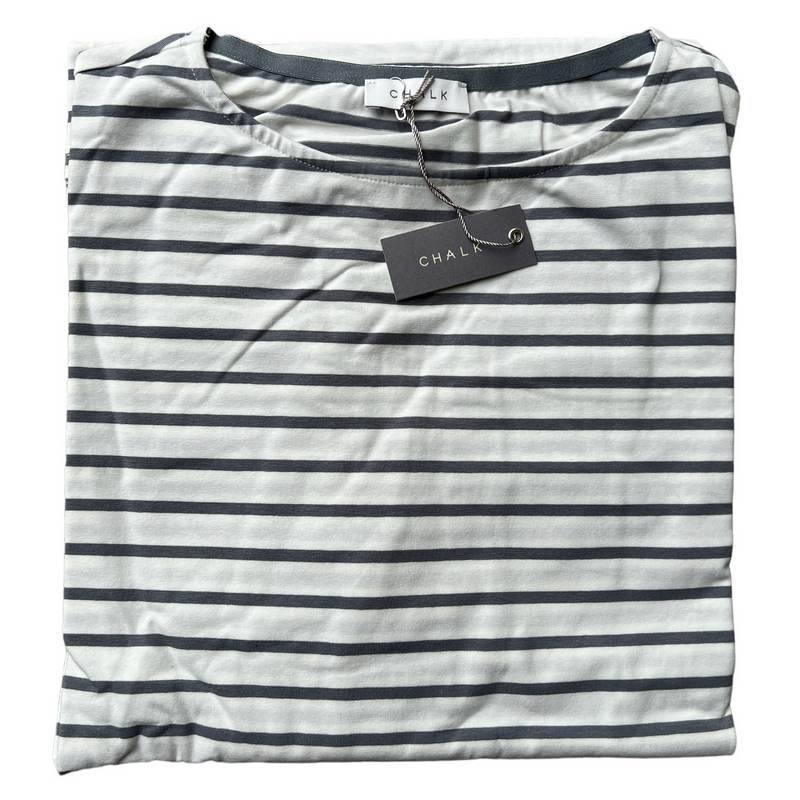 Chalk UK Clothing New Bryony Longer Stripe Top White & Grey folded
