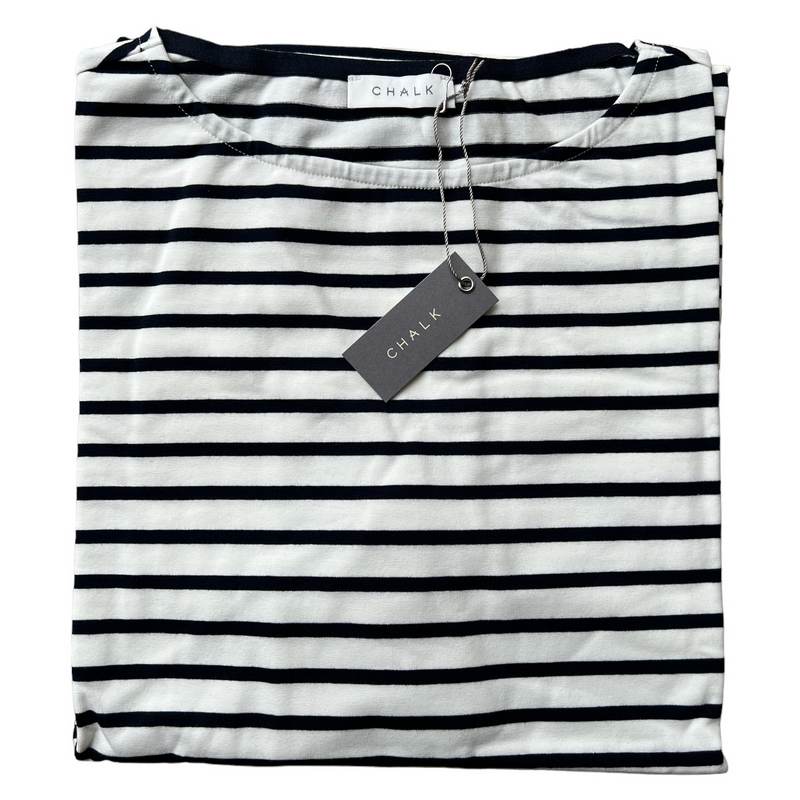 Chalk UK Clothing New Bryony Longer Stripe Top White & Navy folded