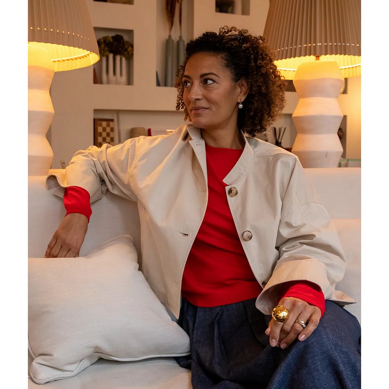 Chalk UK Jade Jumper Red on model with jacket