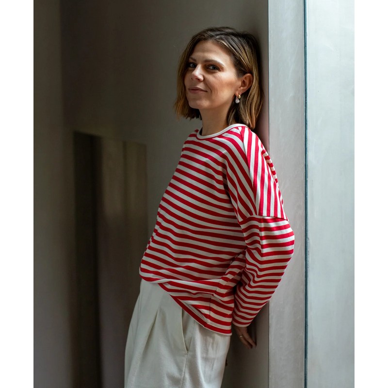 Rebecca Top in Red & Ecru Stripes