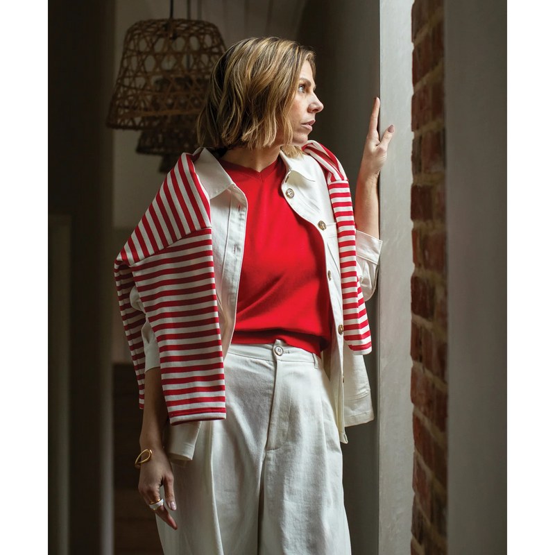 Rebecca Top in Red & Ecru Stripes