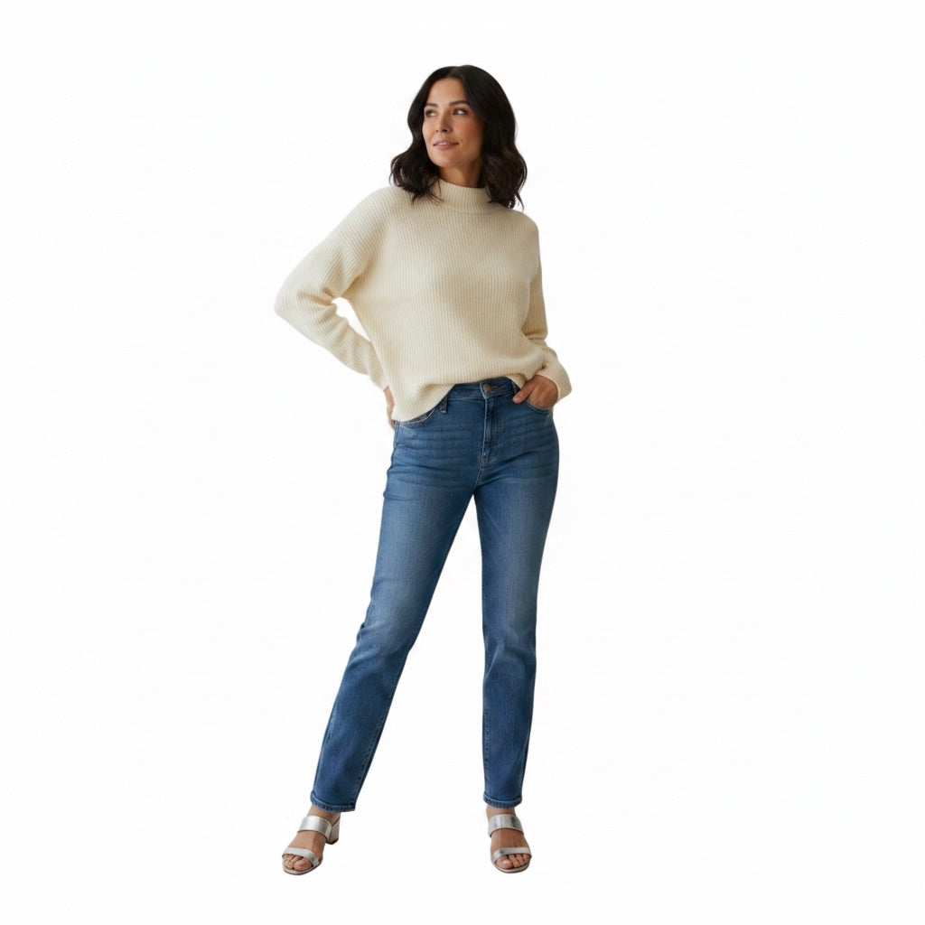Chalk UK Vicki Ribbed Cotton Jumper in Cream on model front 2