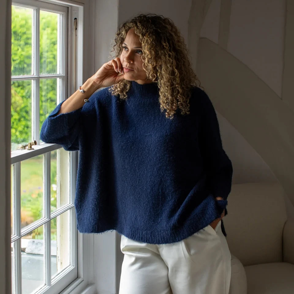 Chalk Clothing UK Vicki Fluffy Jumper Navy on model lifestyle