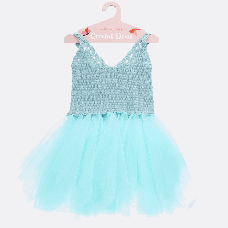 Childs Crochet Dress Aqua Blue on hanger