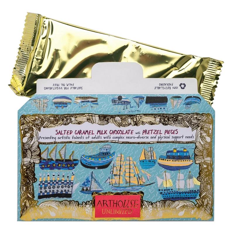 Chocolate Bar Ship Ahoy Salted Caramel Milk Choc with Pretzel Pieces open