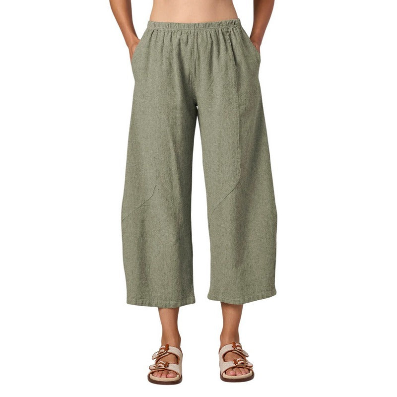 Cut Loose Clothing Barrel Crop Trousers Linen-Cotton Crosshatch Balsam Green 4192431 model
