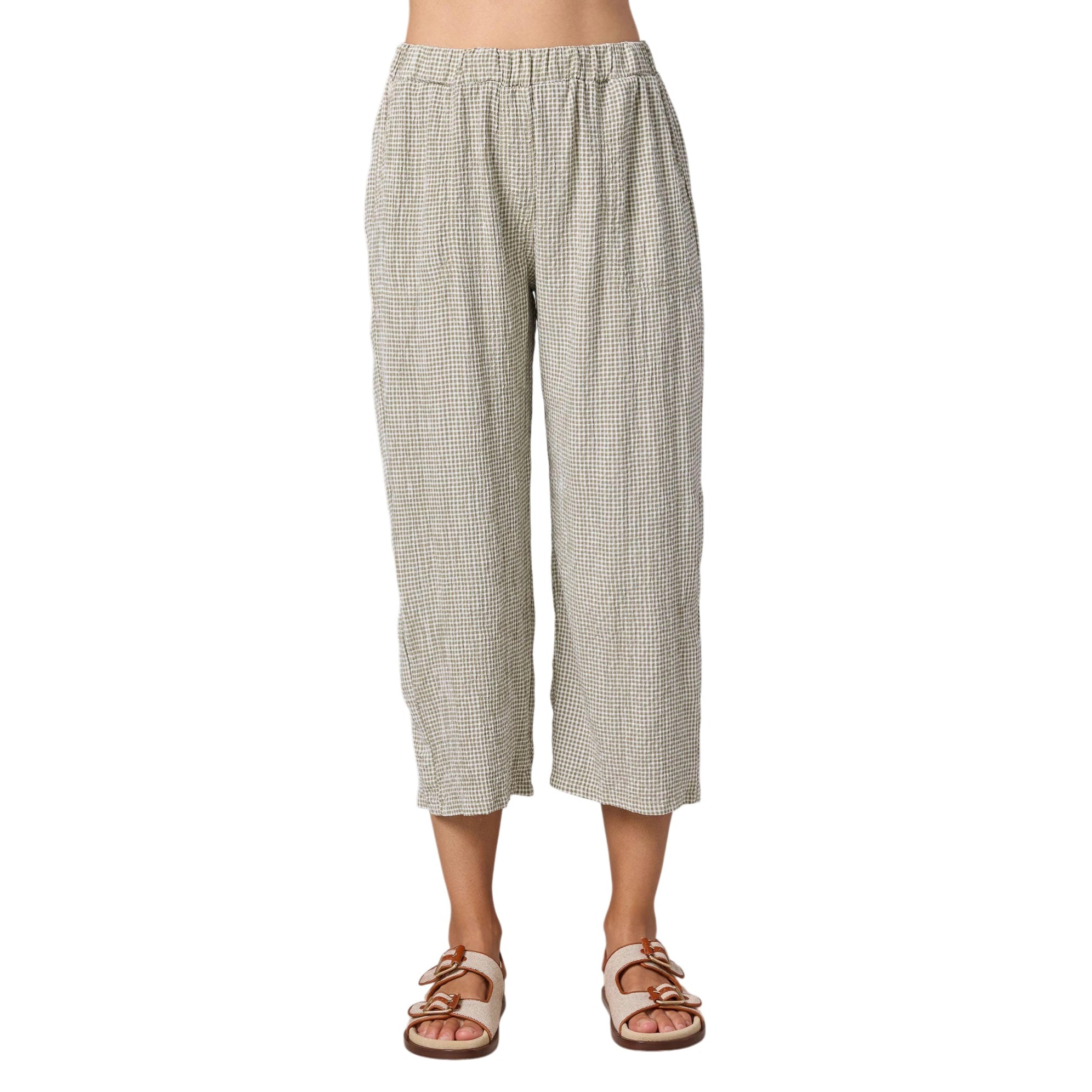 Cut Loose Clothing Easy Crop Crinkle Check Trousers Balsam Green 6122349 model