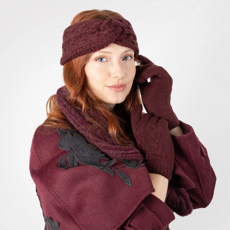 Dents Cable Knit Fleece Lining Glove Damson 6-3186 on model 2