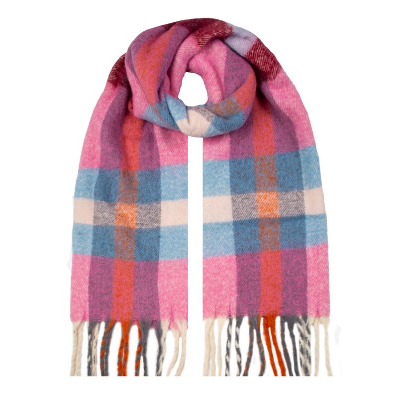 Dents Check Scarf with Tassle Ends Candy and Pale Blue 4-2904 looped