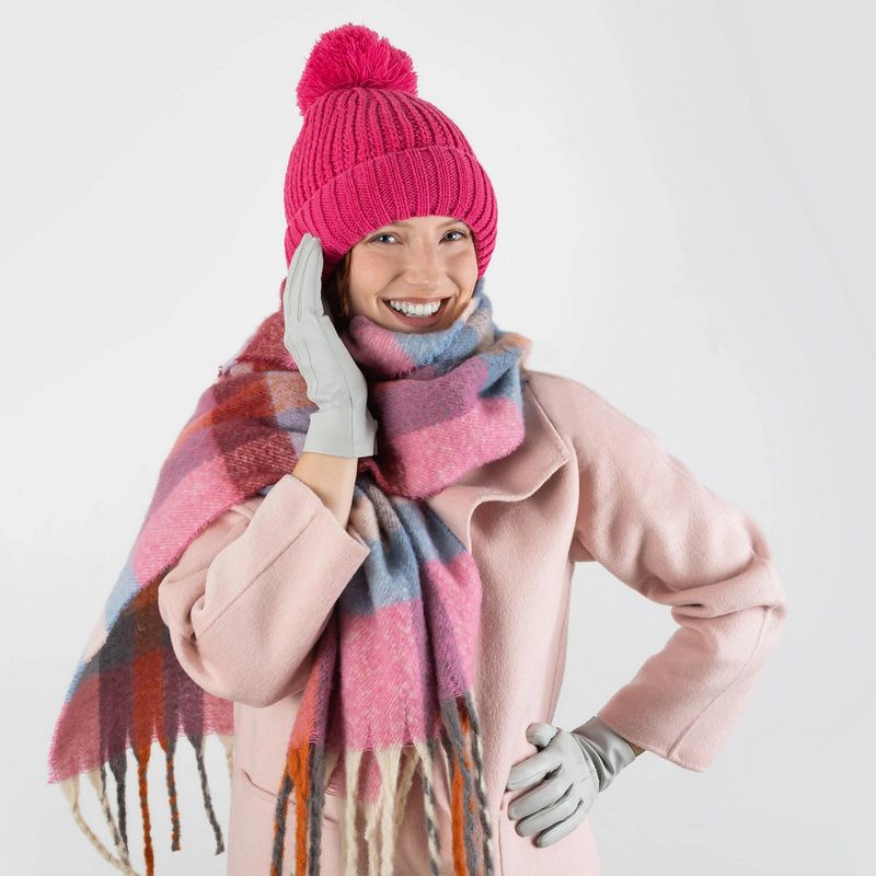 Dents Check Scarf with Tassle Ends Candy and Pale Blue 4-2904 on model