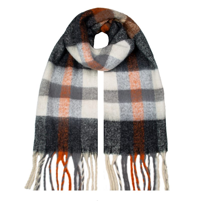 Dents Check Scarf with Tassle Ends Charcoal and Chocolate 4-2904 looped