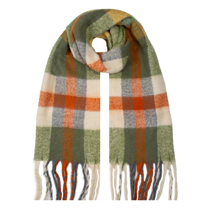 Dents Check Scarf with Tassle Ends Olive and Pumpkin 4-2904 looped