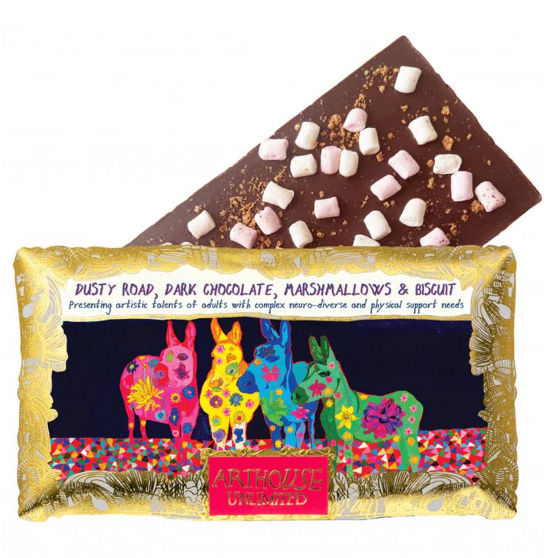 Dusty Road Dark Chocolate Bar with Marshmallows & Biscuit open