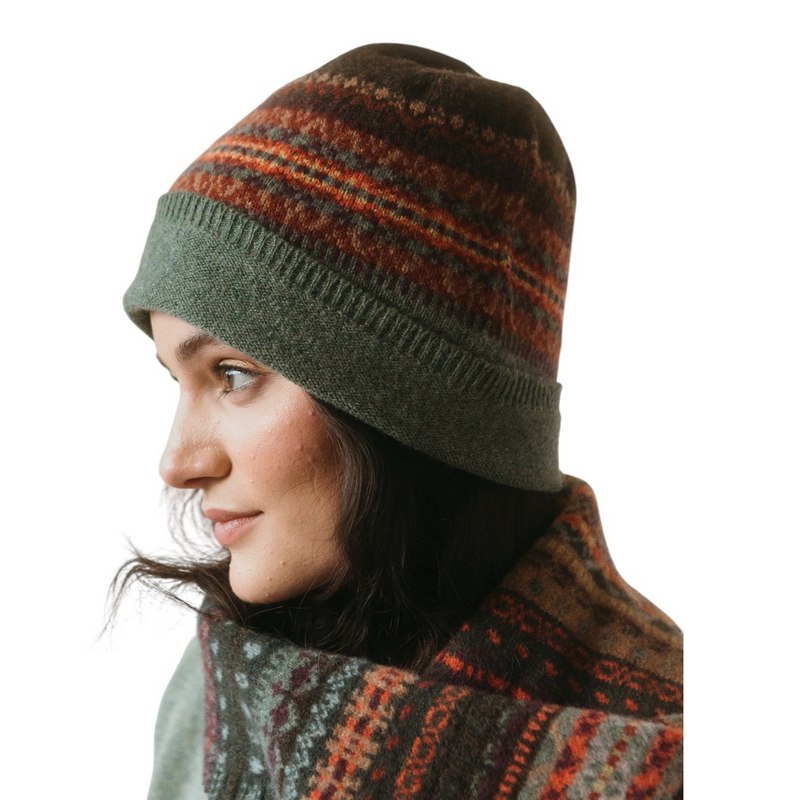 Eribe Knitwear Alloa Beanie in Braemar and Oakley on model