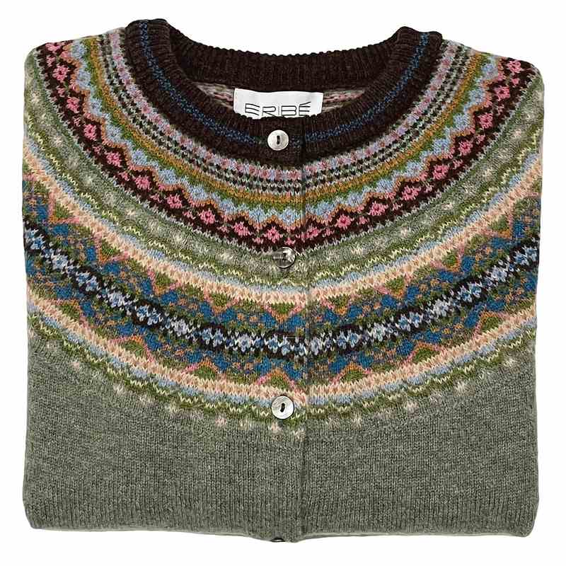 Eribe Knitwear Alpine Fairisle Merino Cardigan in Willow folded