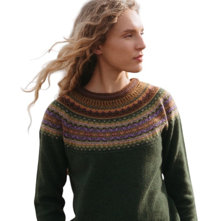 Eribe Knitwear Alpine Short Sweater Thistle on model close-up