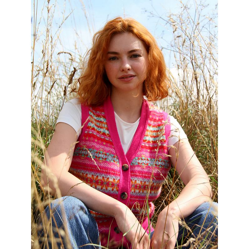 Eribe Knitwear Kinross Waistcoat Foxglove on model lifestyle