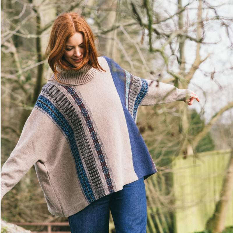 Eribe Knitwear Montrose Cowl Sweater Oban Sky on model lifestyle