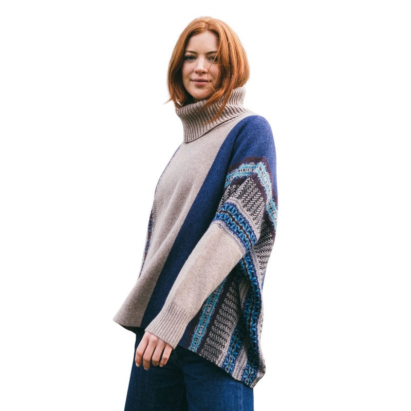 Eribe Knitwear Montrose Cowl Sweater Oban Sky on model side