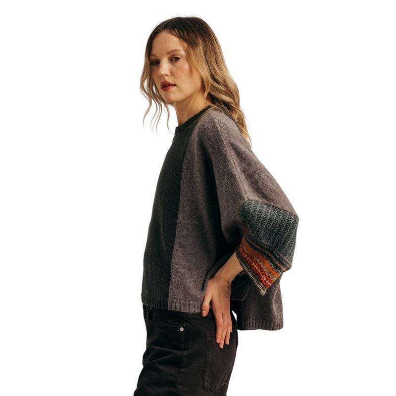 Eribe Knitwear Montrose Merino Wool Fairisle Panel Top Short Bracken on model side