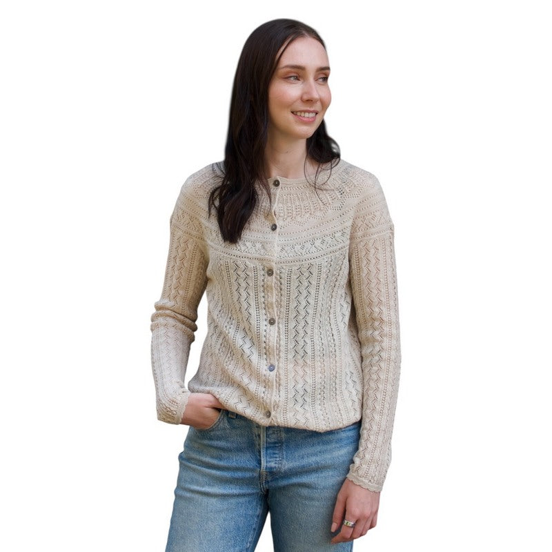 Eribe Knitwear Vaila Lace Cardigan Oatmeal on model front closed