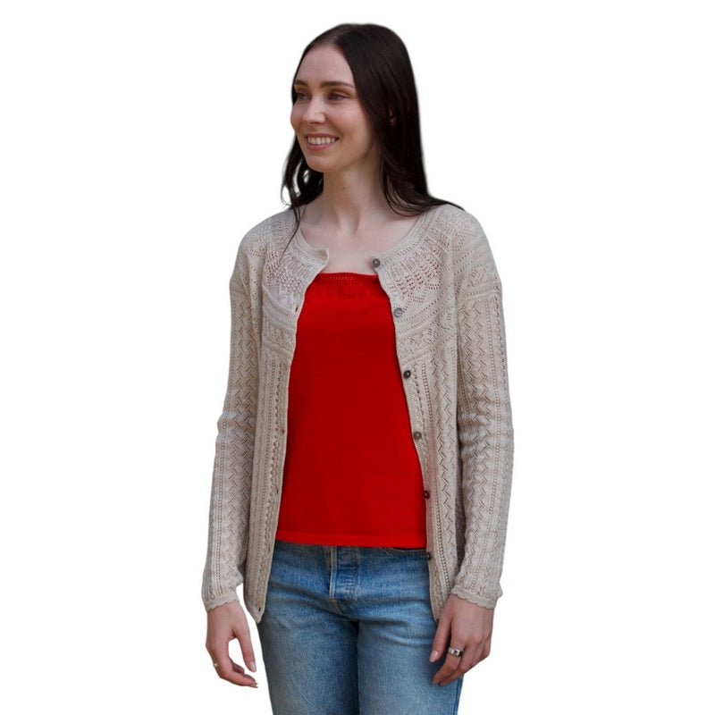 Eribe Knitwear Vaila Lace Cardigan Oatmeal on model front open