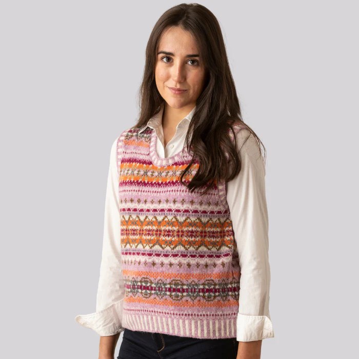 Eribe Knitwear Westray Fairisle Vest in Orange Burst V4247 on model