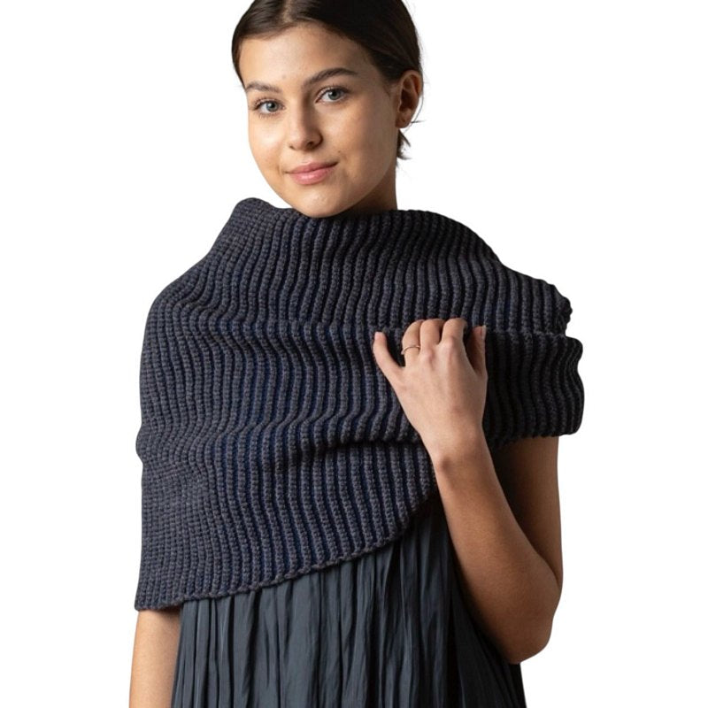 Eribe Knitwear Corry Tonal Cowl in Regatta on model's shoulders