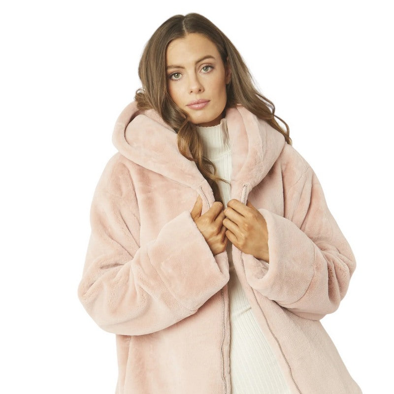 Faux Fur Hooded Jacket Powder Pink FMHBJ495A-06 on model close-up
