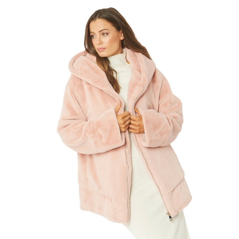 Faux Fur Hooded Jacket Powder Pink FMHBJ495A-06 on model front